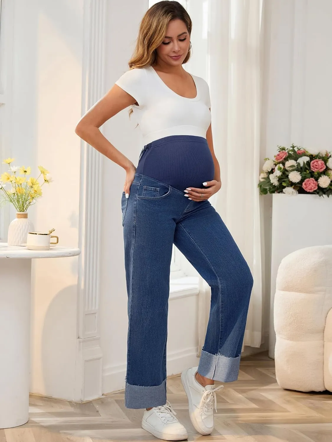 Women Maternity Jeans Straight Leg Cuffed Hem Stretchy Over The Belly Support Pregnancy Denim Pants