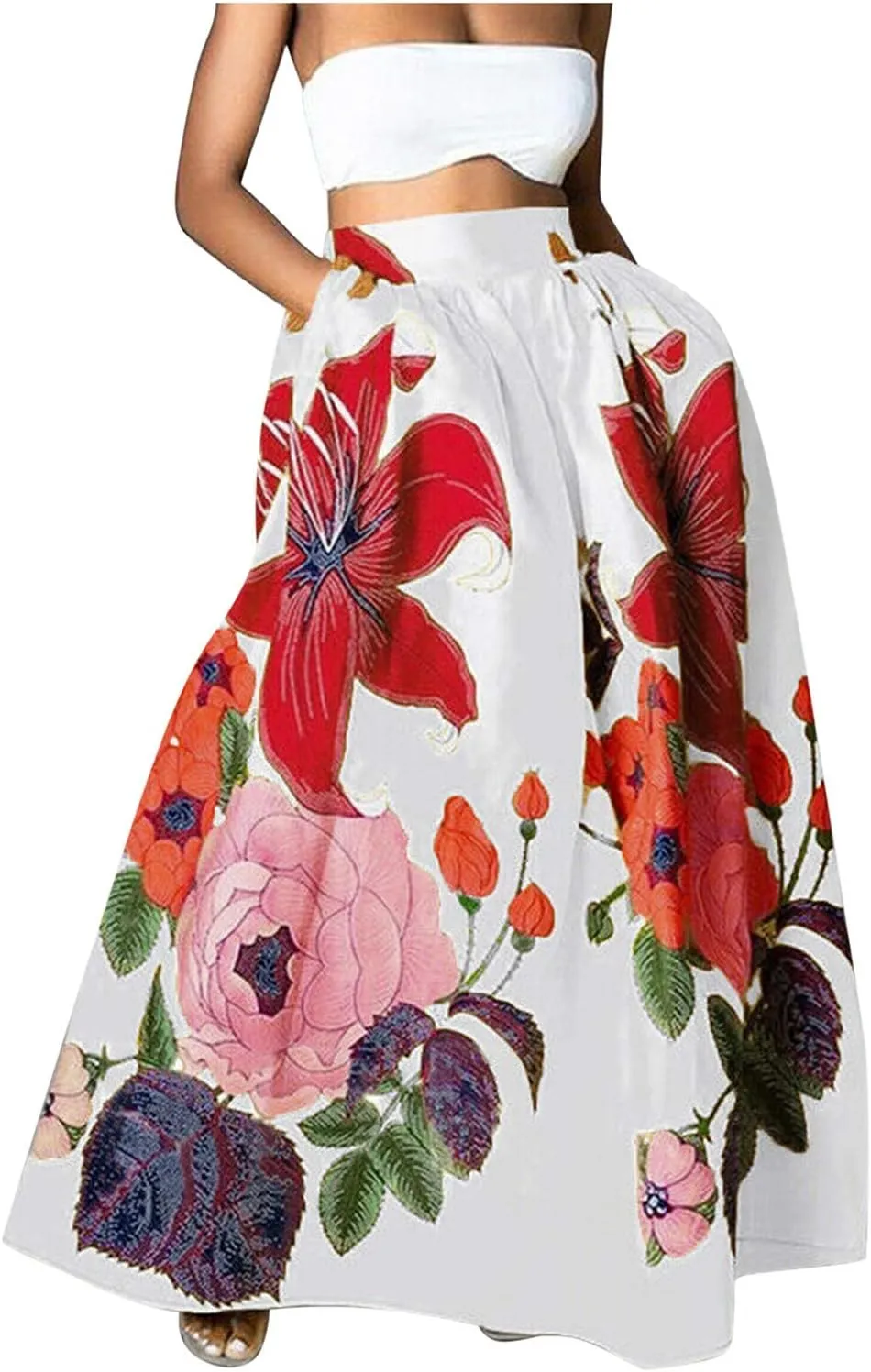 Women Maxi Long Skirt Bohemian Floral Print Ankle Length High Waist A-line Flowy Holiday Party Beach Skirts with Pockets