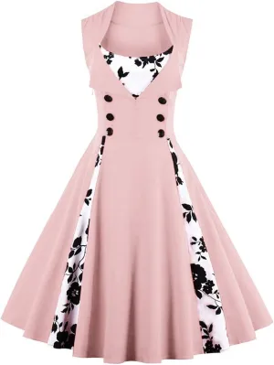 Women Polka Dot Retro Vintage Style Cocktail Party Swing Dress Double Breasted Floral 1950s Dress Patchwork 50s Audrey Dress