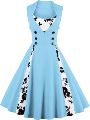 Women Polka Dot Retro Vintage Style Cocktail Party Swing Dress Double Breasted Floral 1950s Dress Patchwork 50s Audrey Dress