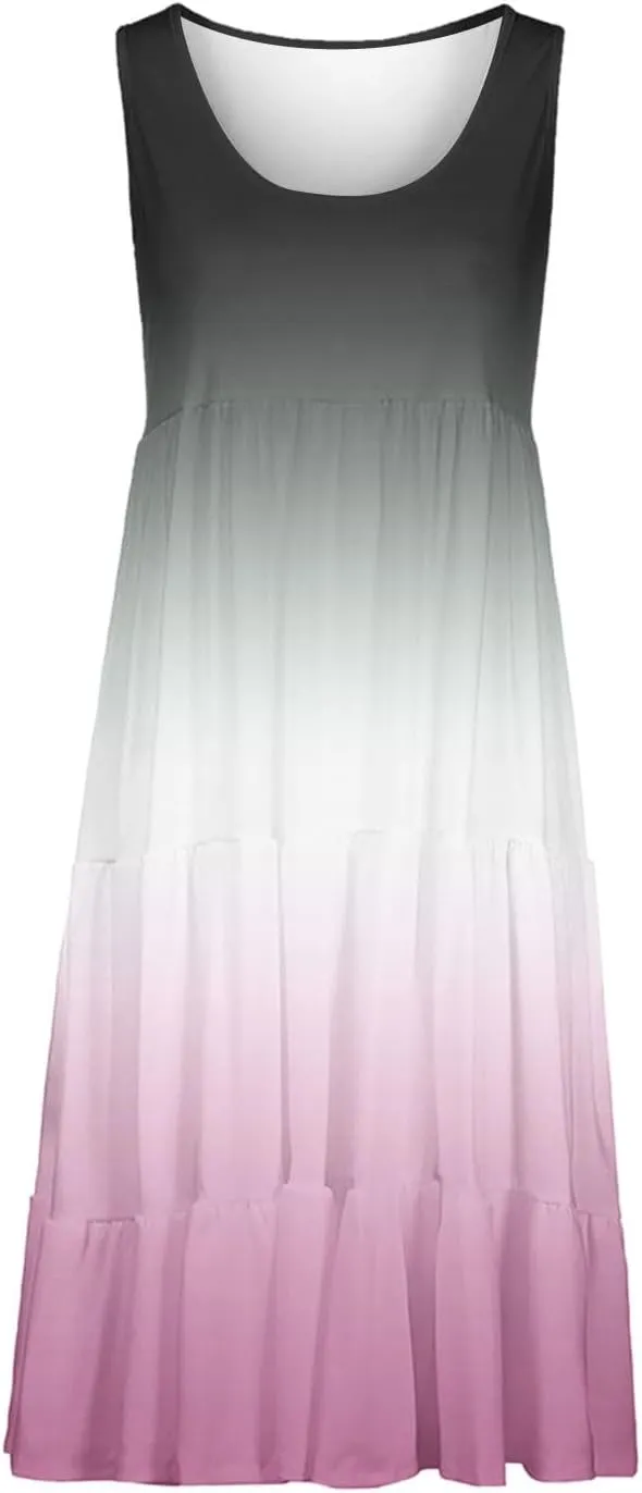 Women Ruffle Boho Tie Dye Dresses Color Block Babydoll Loose Swing Casual Beach Mini Tank Dress Plus Size Sundress