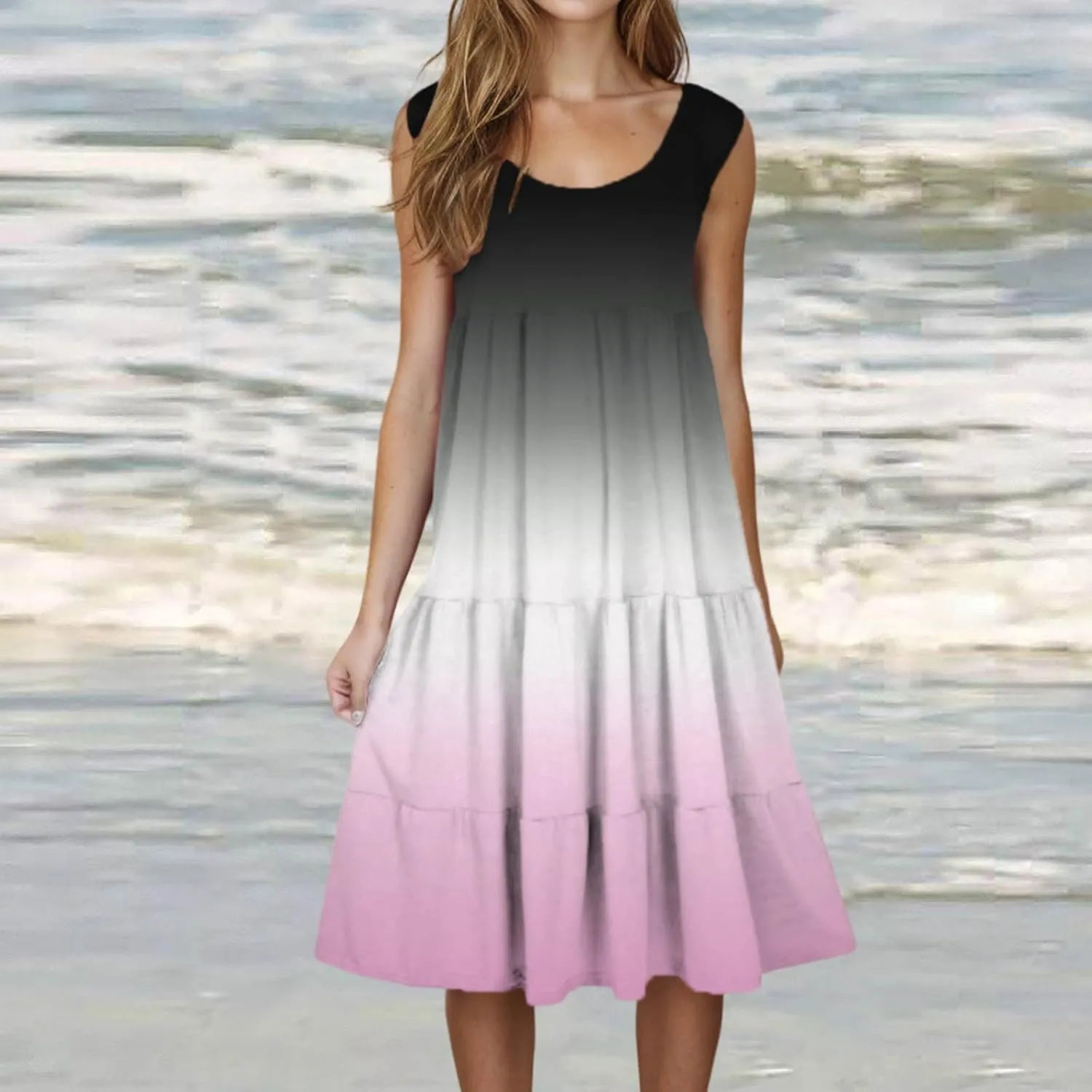 Women Ruffle Boho Tie Dye Dresses Color Block Babydoll Loose Swing Casual Beach Mini Tank Dress Plus Size Sundress