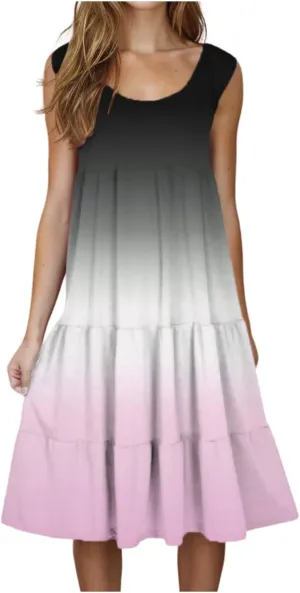 Women Ruffle Boho Tie Dye Dresses Color Block Babydoll Loose Swing Casual Beach Mini Tank Dress Plus Size Sundress