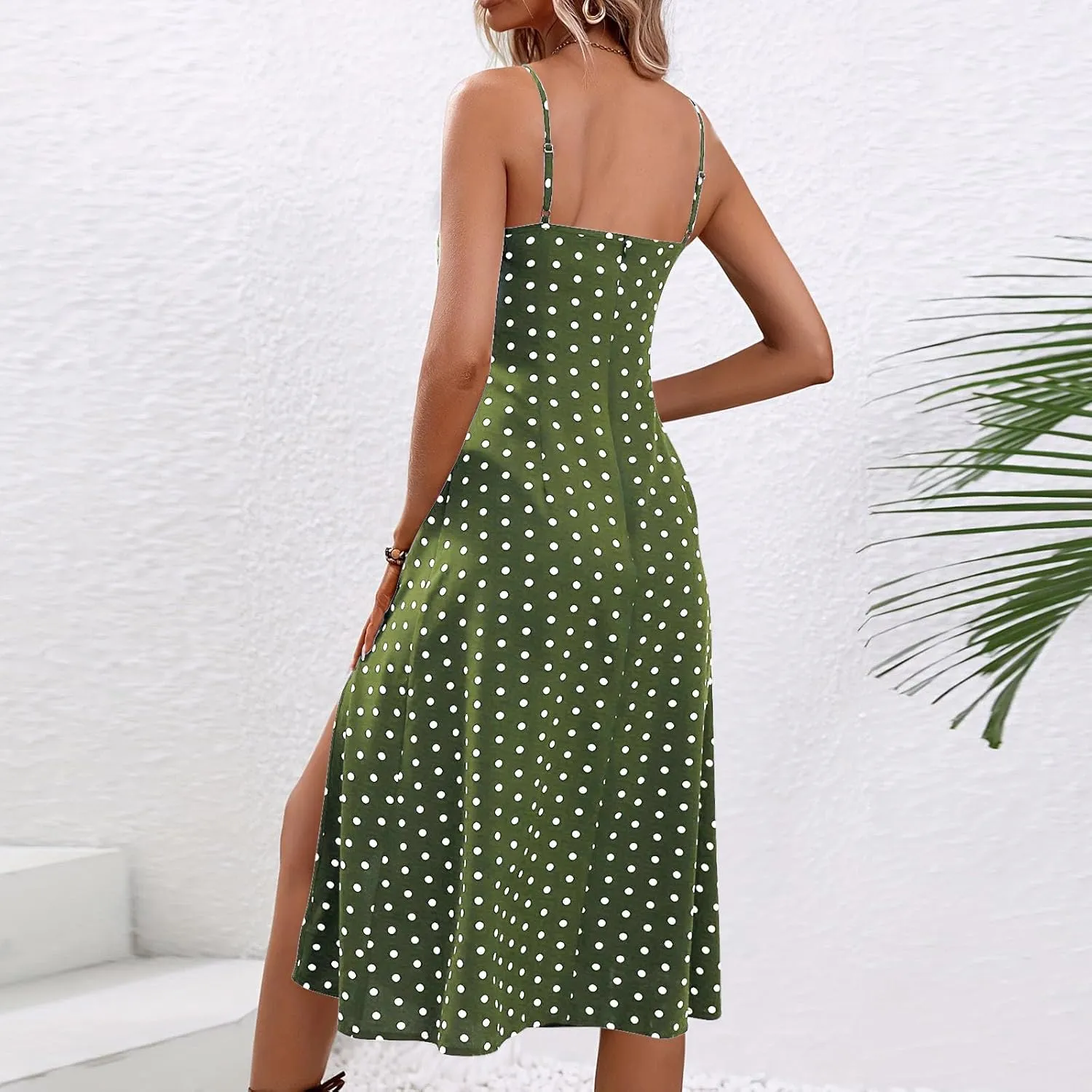 Women Spaghetti Strap Midi Dresses Summer Sleeveless Side Split Cami Sundress Polka Dot Print Evening Party Gown Dress