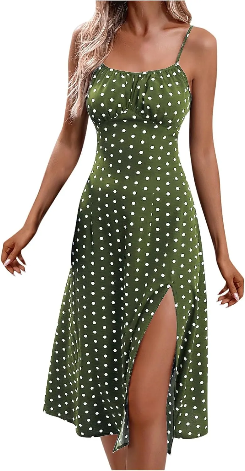 Women Spaghetti Strap Midi Dresses Summer Sleeveless Side Split Cami Sundress Polka Dot Print Evening Party Gown Dress