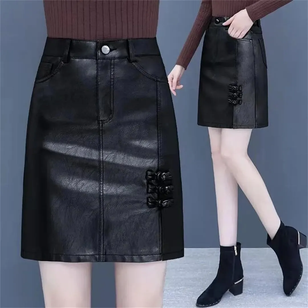 Women Spring Autumn Leather Skirt Black Brown High Waist PU A-Line Skirts Midi Skirts