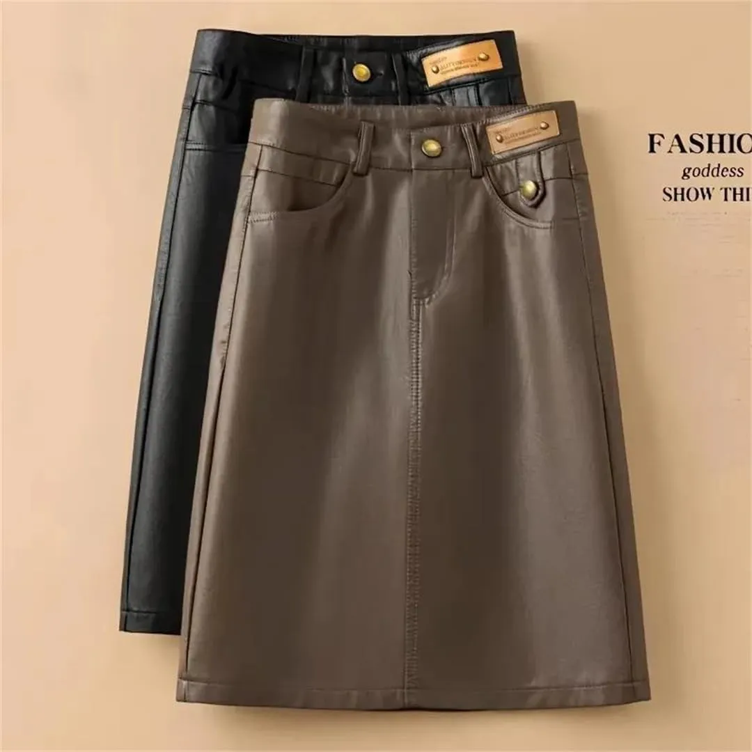 Women Spring Autumn Leather Skirt Black Brown High Waist PU A-Line Skirts Midi Skirts