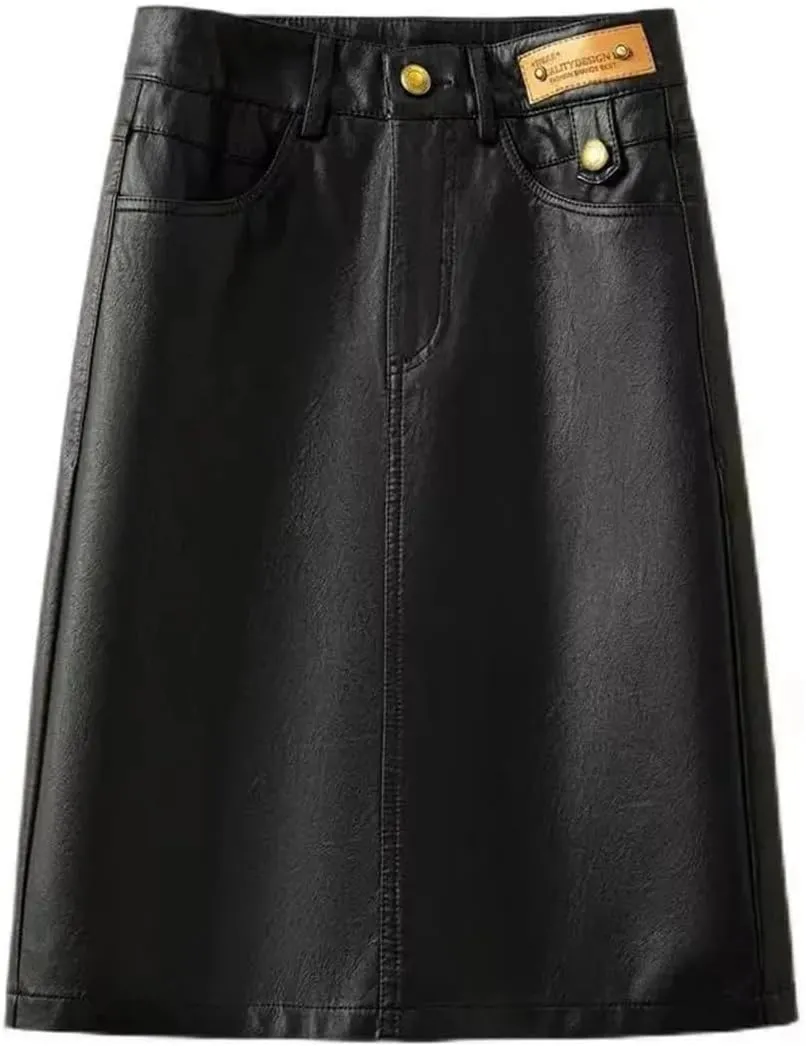Women Spring Autumn Leather Skirt Black Brown High Waist PU A-Line Skirts Midi Skirts