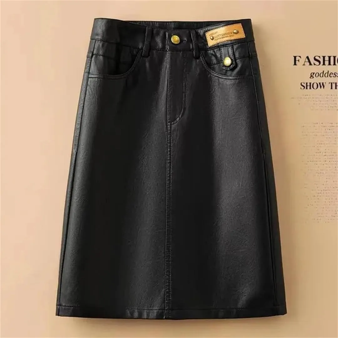 Women Spring Autumn Leather Skirt Black Brown High Waist PU A-Line Skirts Midi Skirts