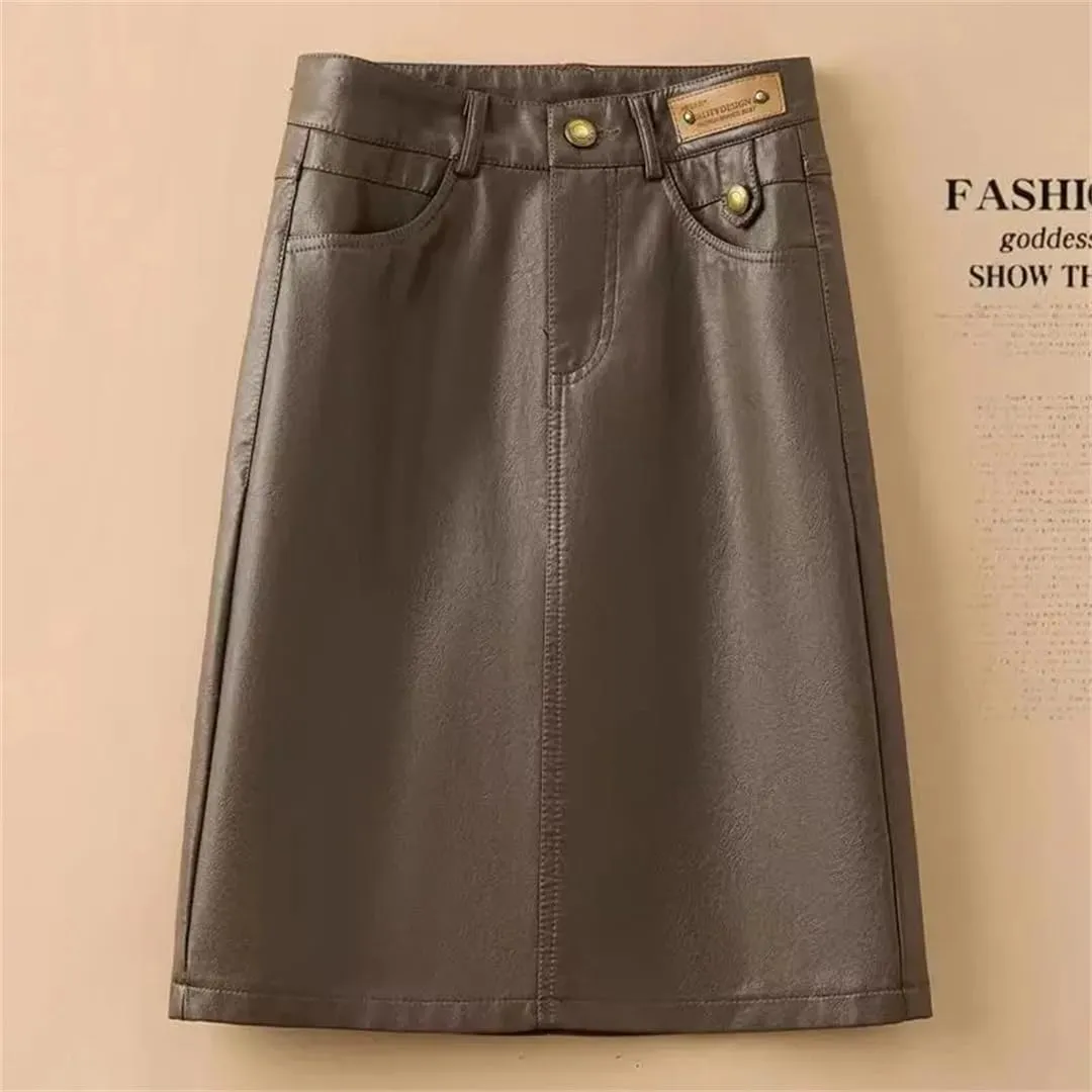 Women Spring Autumn Leather Skirt Black Brown High Waist PU A-Line Skirts Midi Skirts
