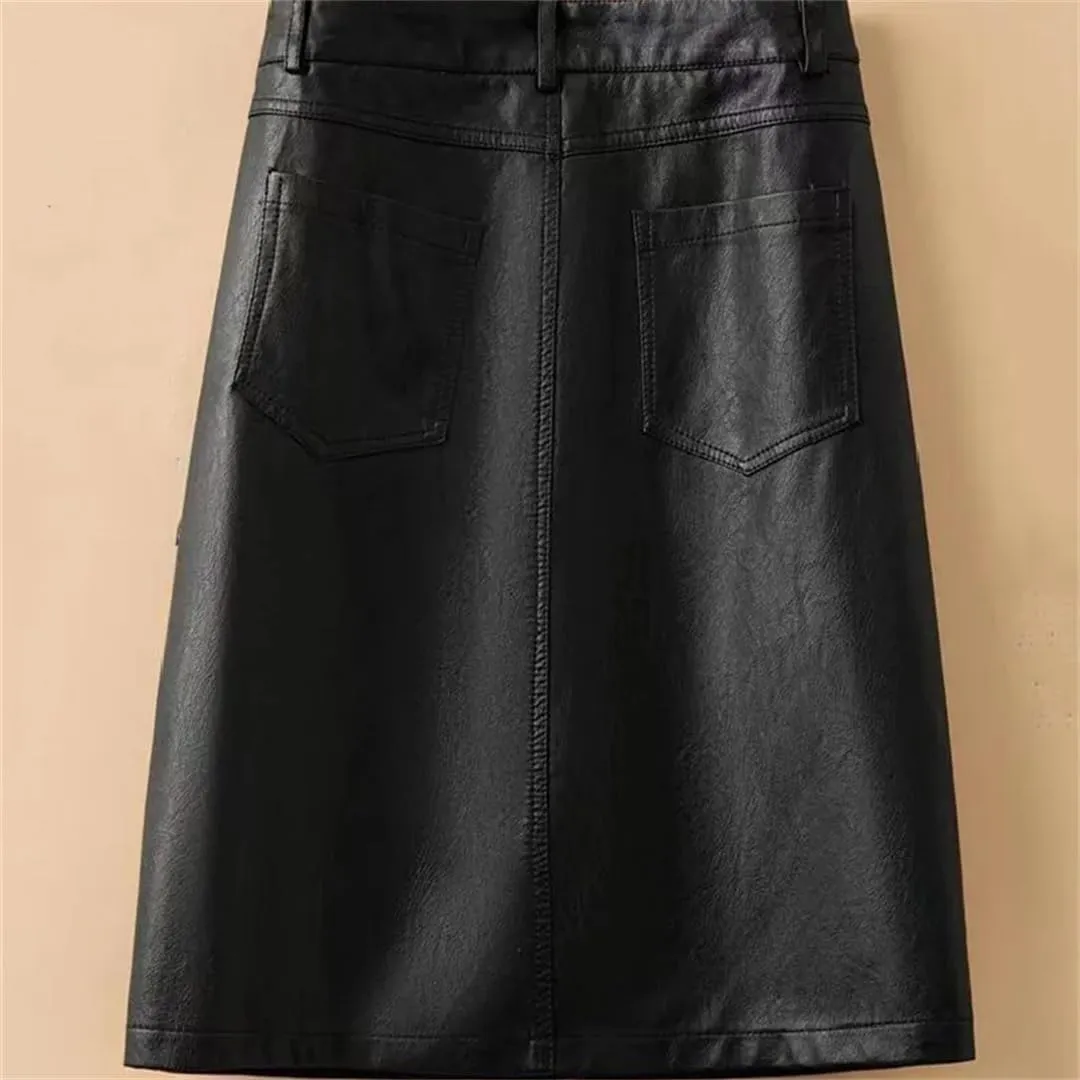 Women Spring Autumn Leather Skirt Black Brown High Waist PU A-Line Skirts Midi Skirts