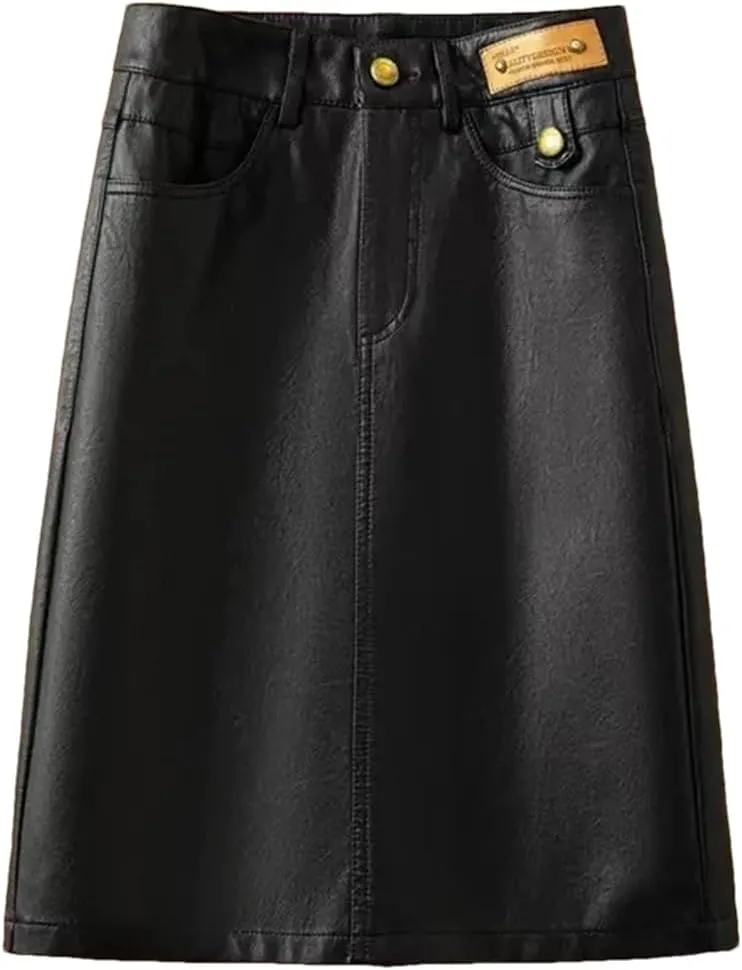 Women Spring Autumn Leather Skirt Black Brown High Waist PU A-Line Skirts Midi Skirts
