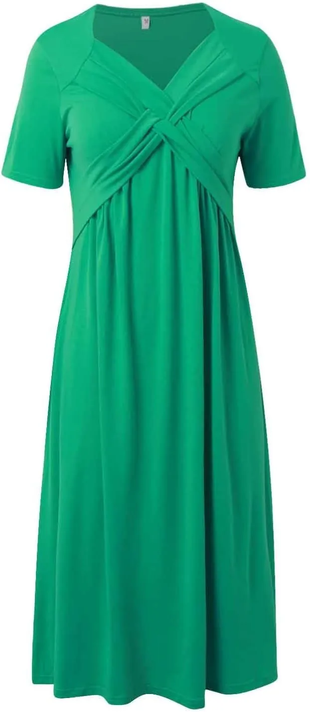 Women Summer Casual Dress V Neck Short Sleeve Pleated Maxi Beach Vacation Dresses with Pockets Boho Sundress