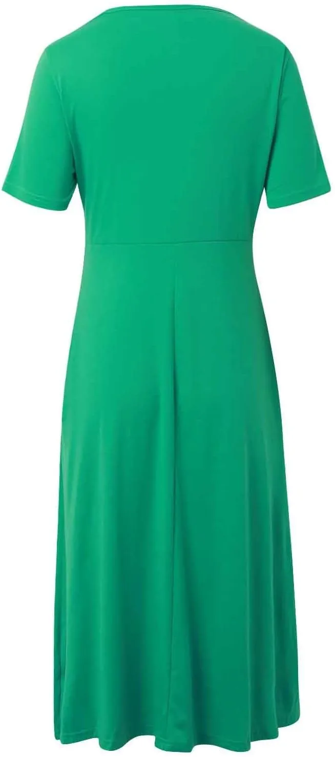 Women Summer Casual Dress V Neck Short Sleeve Pleated Maxi Beach Vacation Dresses with Pockets Boho Sundress