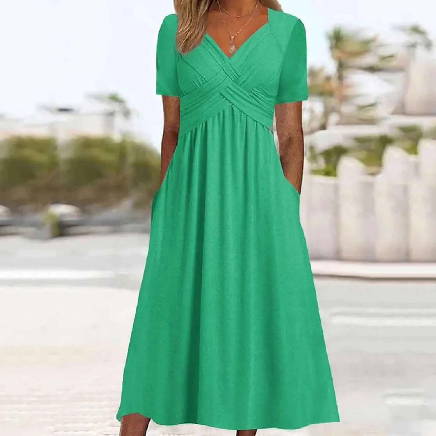 Women Summer Casual Dress V Neck Short Sleeve Pleated Maxi Beach Vacation Dresses with Pockets Boho Sundress