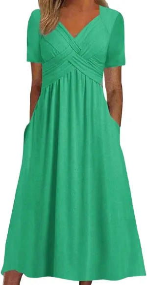 Women Summer Casual Dress V Neck Short Sleeve Pleated Maxi Beach Vacation Dresses with Pockets Boho Sundress