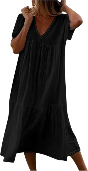 Women Summer Casual Dresses Short Sleeve V Neck Midi Tshirts Dress Flowy Tiered Beach Vacation Sundress 2024 Outfits
