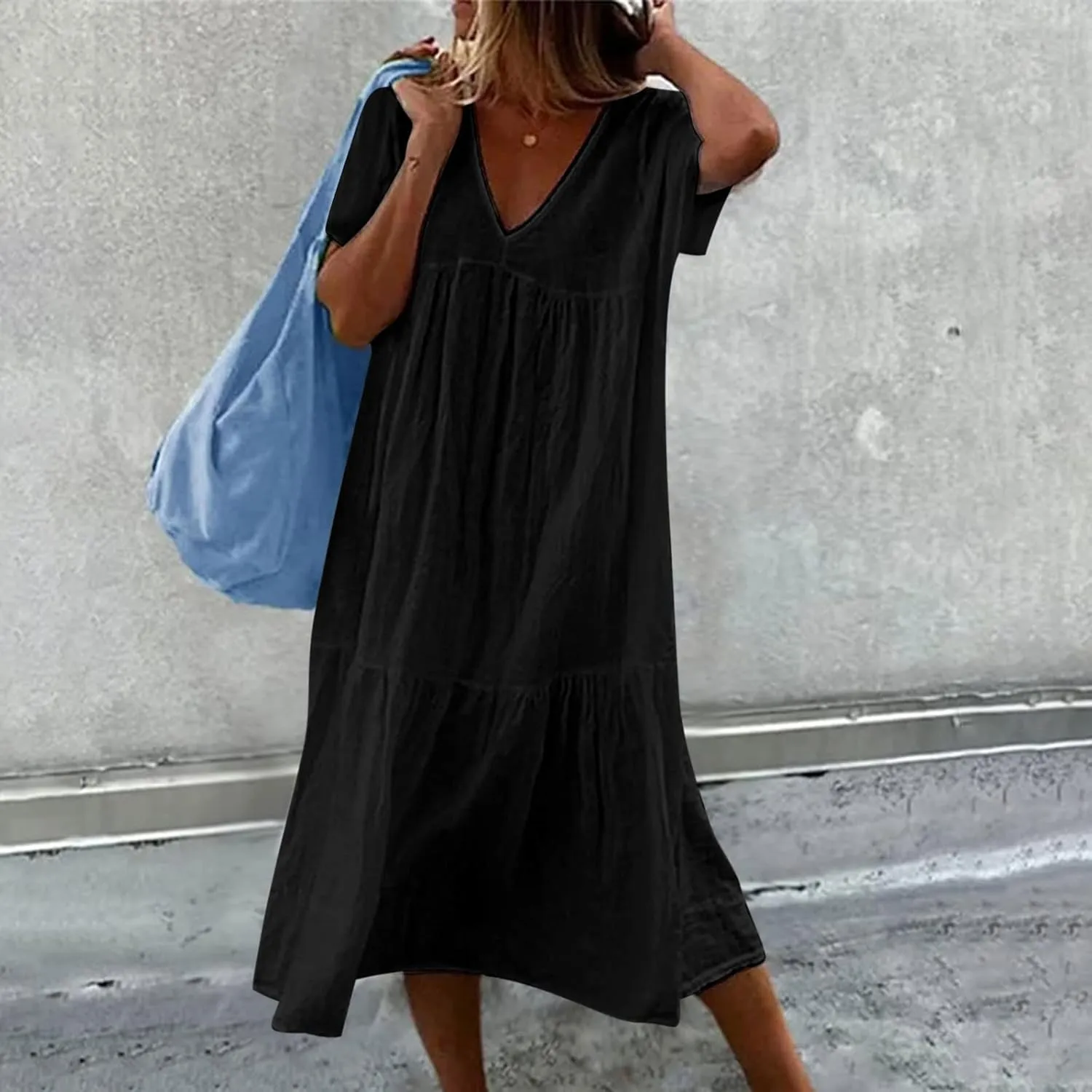 Women Summer Casual Dresses Short Sleeve V Neck Midi Tshirts Dress Flowy Tiered Beach Vacation Sundress 2024 Outfits