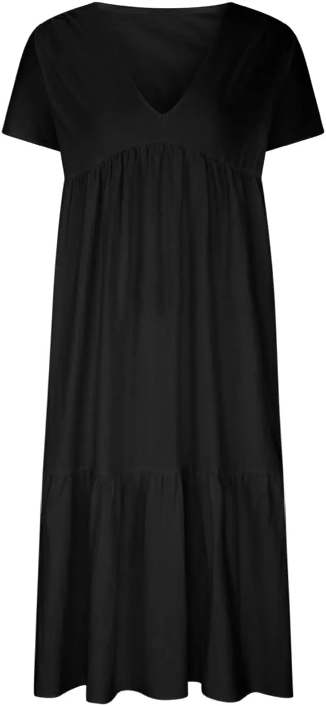 Women Summer Casual Dresses Short Sleeve V Neck Midi Tshirts Dress Flowy Tiered Beach Vacation Sundress 2024 Outfits