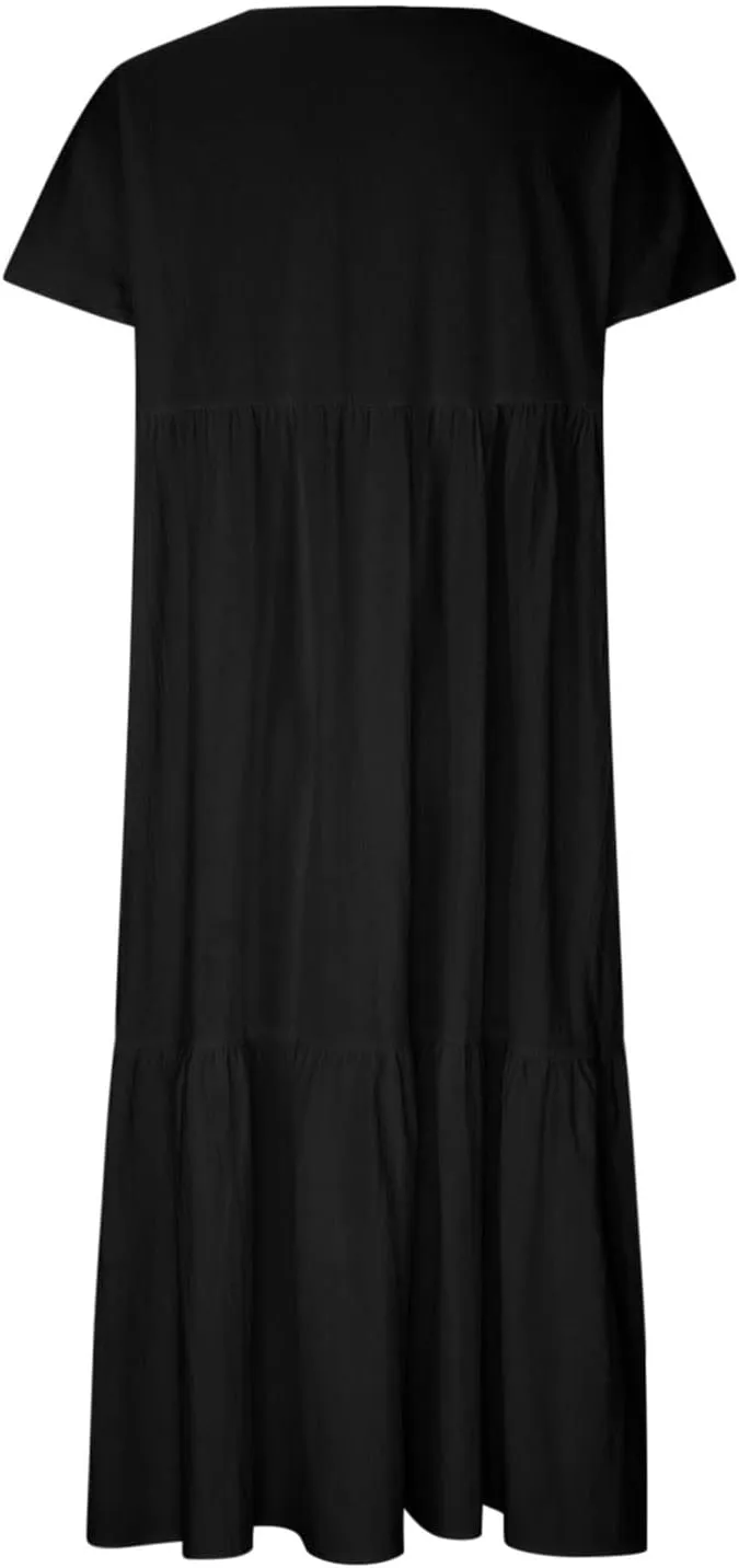 Women Summer Casual Dresses Short Sleeve V Neck Midi Tshirts Dress Flowy Tiered Beach Vacation Sundress 2024 Outfits