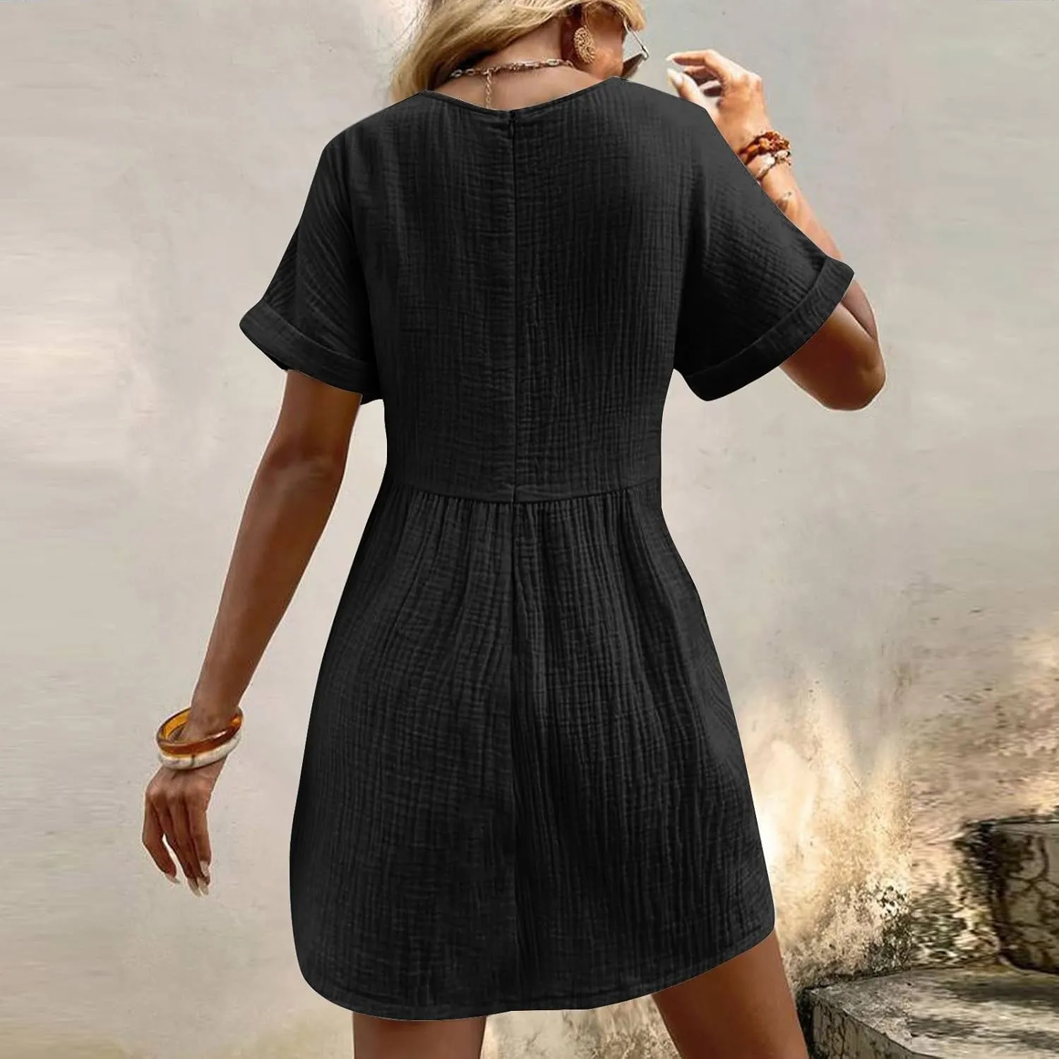 Women Summer Casual T Shirt Dress Short Sleeve V Neck Sundress 2025 Textured Solid Mini Beach Dresses with Pockets