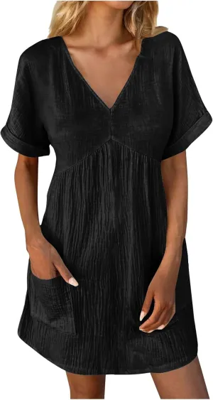 Women Summer Casual T Shirt Dress Short Sleeve V Neck Sundress 2025 Textured Solid Mini Beach Dresses with Pockets