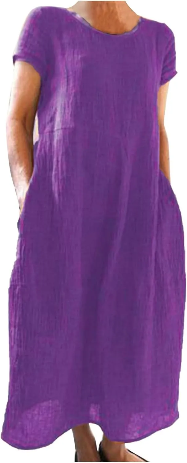 Women Summer Dress Cotton Linen Crewneck Short Sleeve Tunic Curvy Casual Plain Beach Vacation Plus Size Midi Sundress