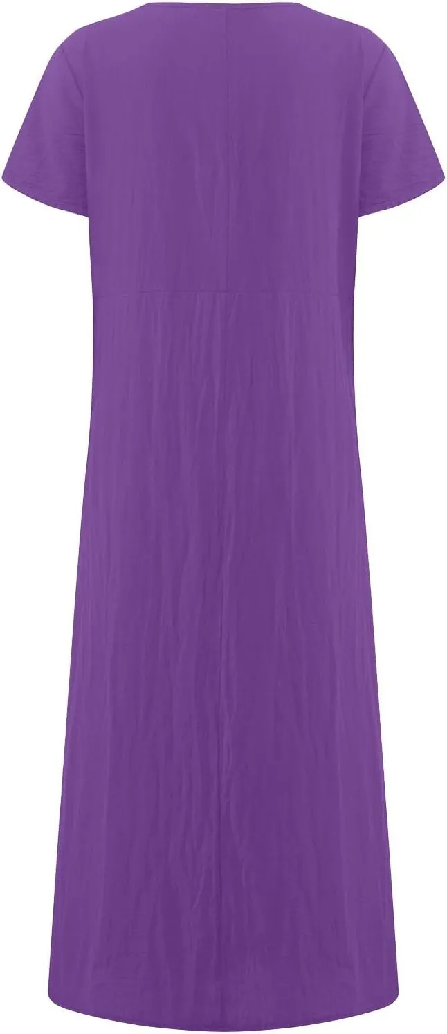 Women Summer Dress Cotton Linen Crewneck Short Sleeve Tunic Curvy Casual Plain Beach Vacation Plus Size Midi Sundress