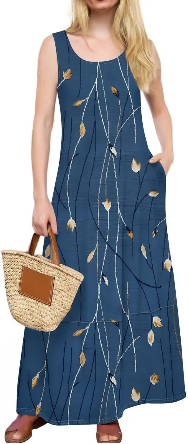 Women Summer Dresses 2025 Casual Round Neck Maxi Dress Sleeveless Floral Sundresses Beach Loose Tank Dress with Pockets