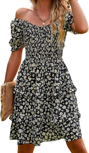 Women Summer Dresses Cute Short Sleeve Backless Mini Sundress Ruffle Flowy Boho Dresses Sexy Beach Dresses Date Night