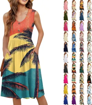 Women Summer Dresses Sleeveless Casual Loose Swing Button Down Midi Dress with Pockets Wedding Guest Dress