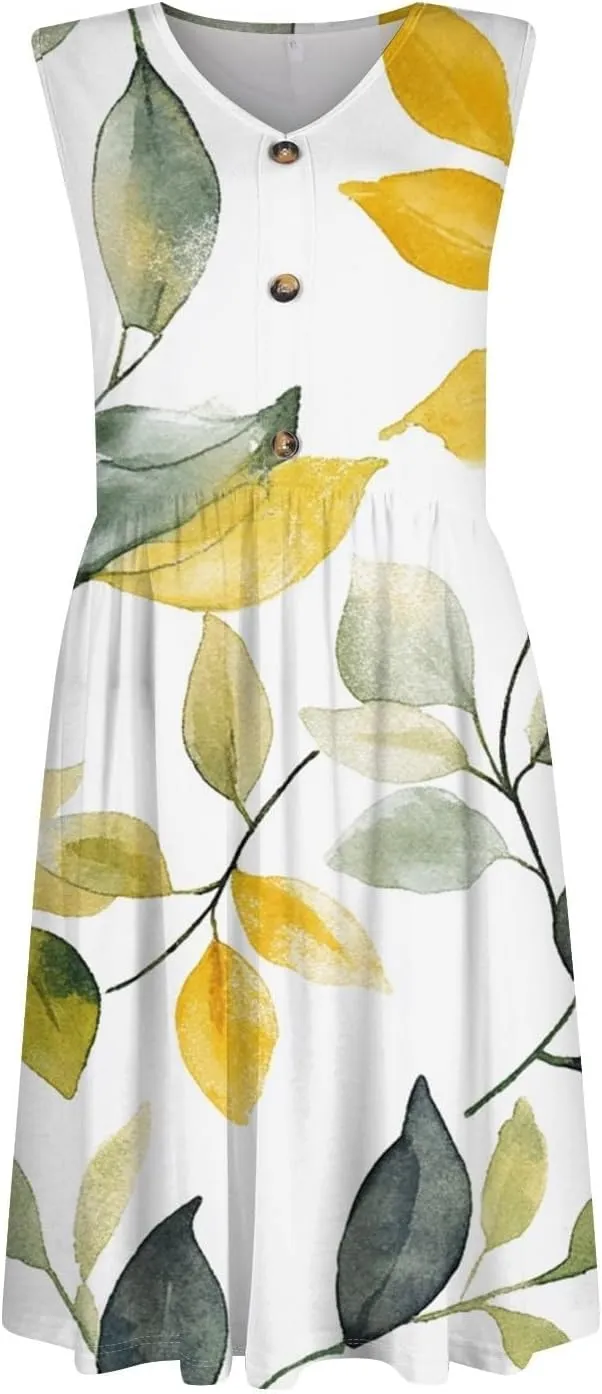 Women Summer Dresses Sleeveless Casual Loose Swing Button Down Midi Dress with Pockets Wedding Guest Dress