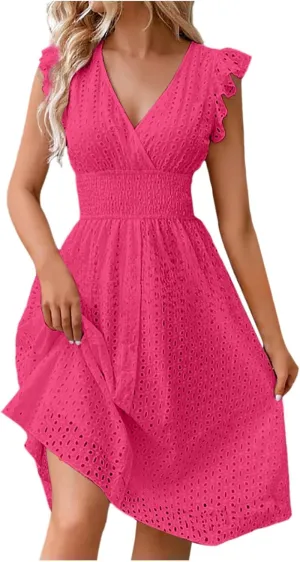 Women Summer Eyelet Dresses Ruffle Sleeve V Neck Loose Fit A Line Midi Dresses Hollow Out Flowy Vacation Casual Sundresses