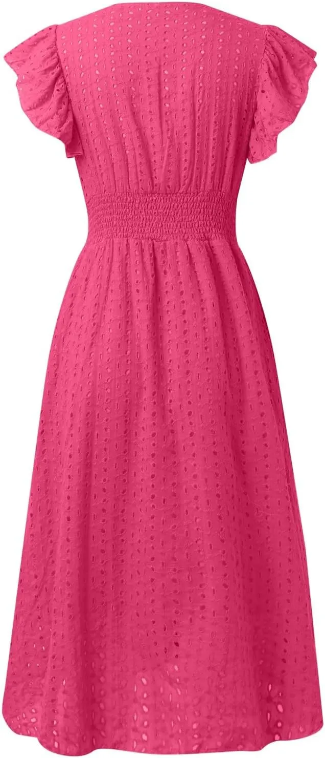 Women Summer Eyelet Dresses Ruffle Sleeve V Neck Loose Fit A Line Midi Dresses Hollow Out Flowy Vacation Casual Sundresses