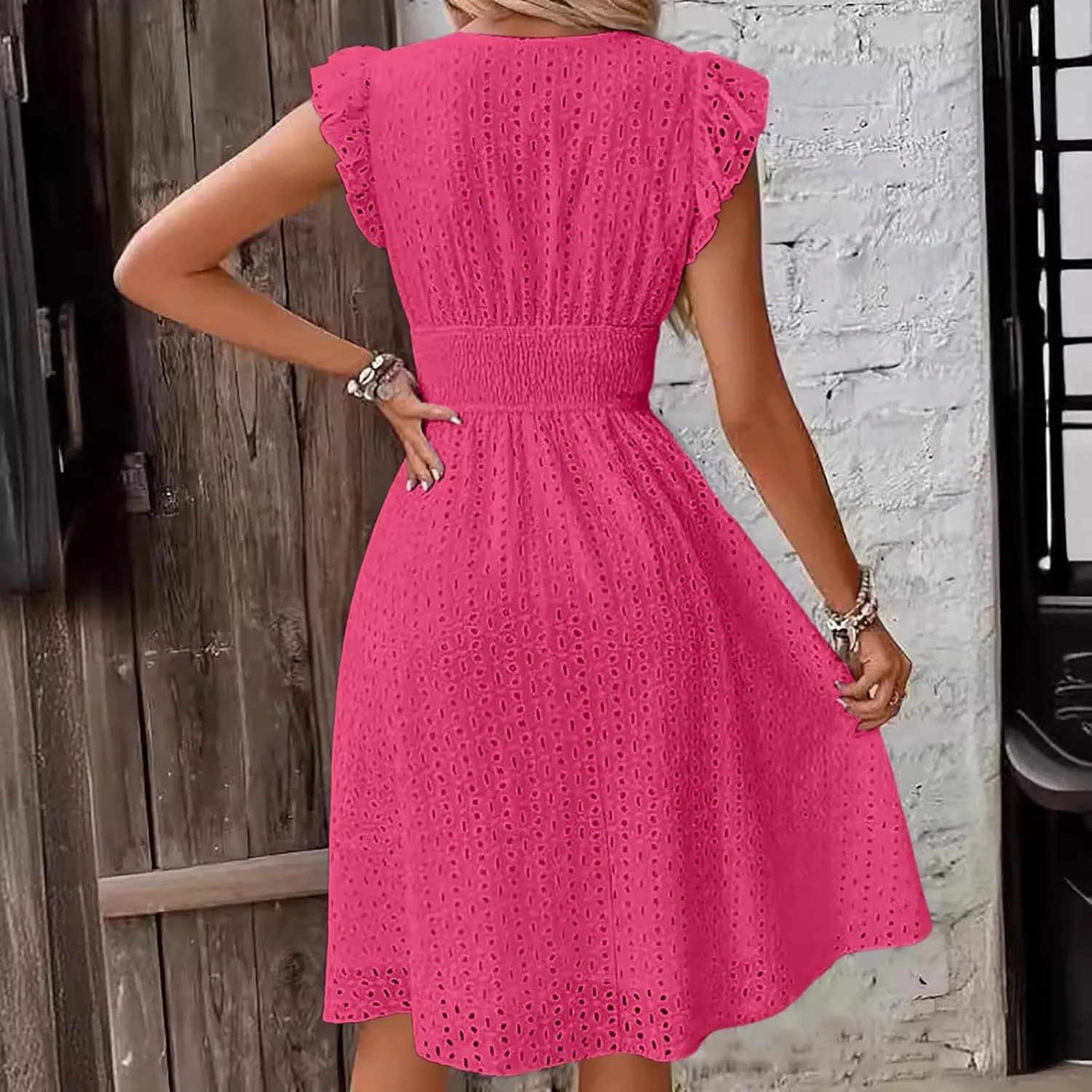 Women Summer Eyelet Dresses Ruffle Sleeve V Neck Loose Fit A Line Midi Dresses Hollow Out Flowy Vacation Casual Sundresses