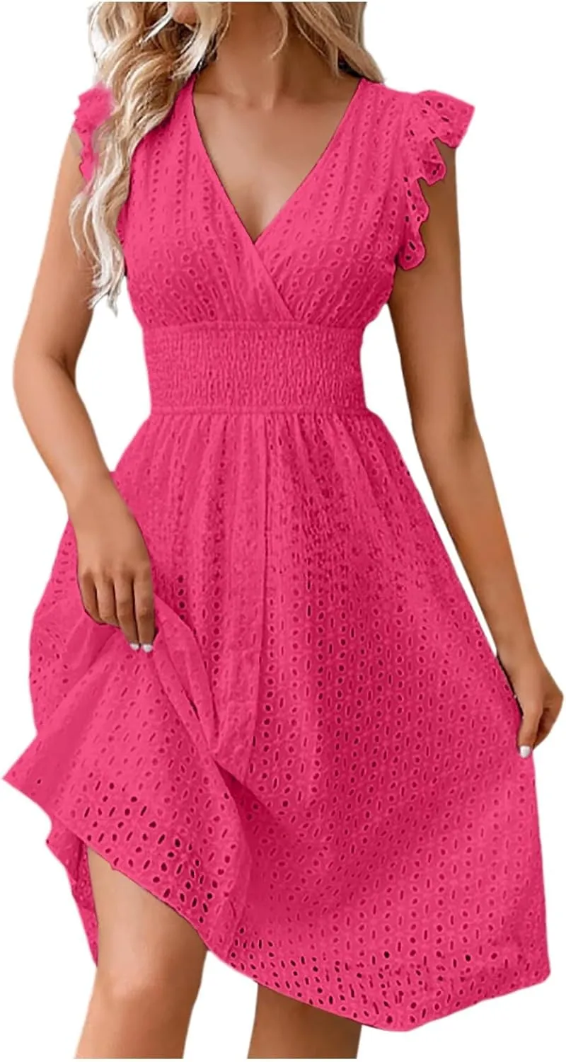 Women Summer Eyelet Dresses Ruffle Sleeve V Neck Loose Fit A Line Midi Dresses Hollow Out Flowy Vacation Casual Sundresses