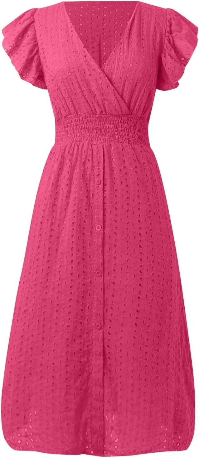 Women Summer Eyelet Dresses Ruffle Sleeve V Neck Loose Fit A Line Midi Dresses Hollow Out Flowy Vacation Casual Sundresses