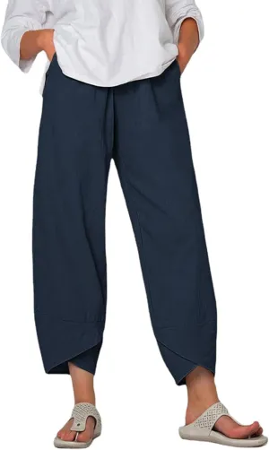 Women Summer Plus Size Cotton Linen Pants Loose Casual Wide Leg Cropped Trousers with Pockets S-5XL