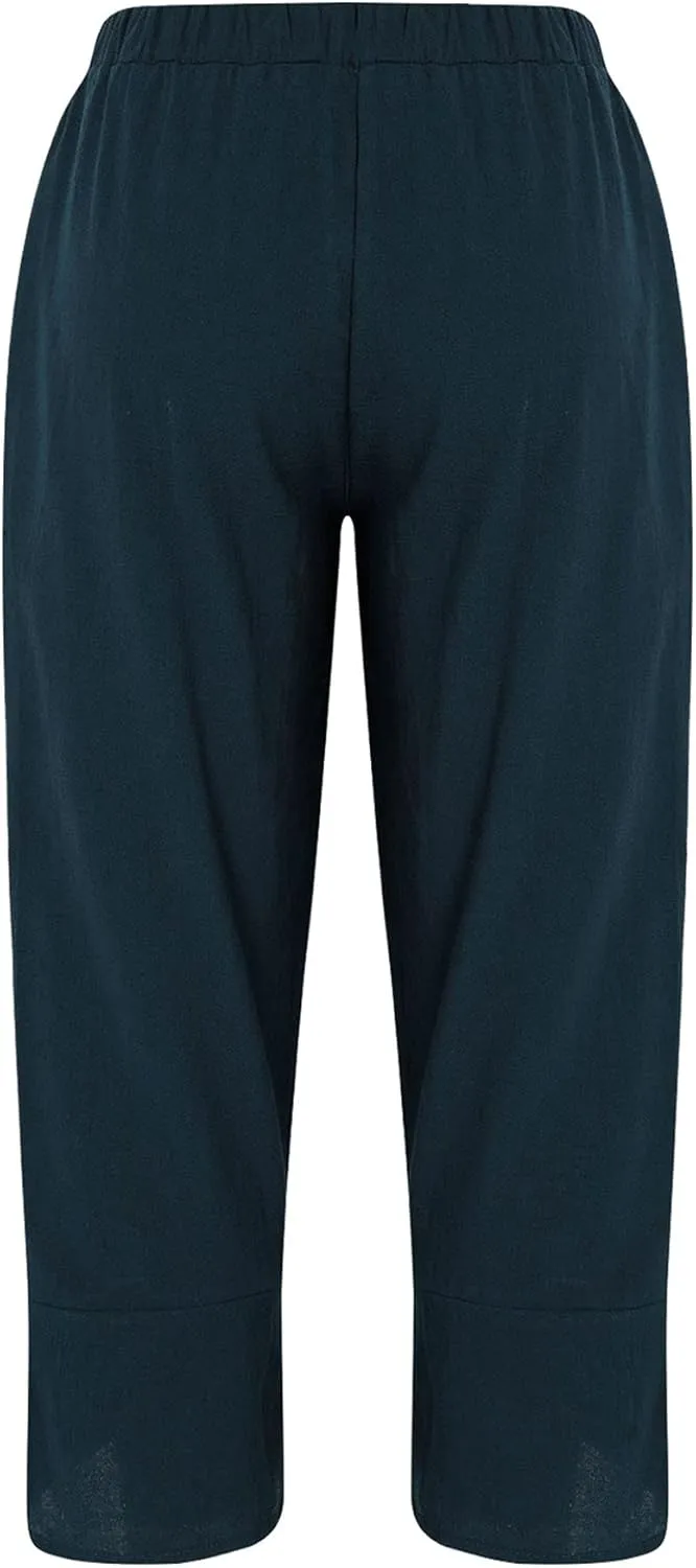 Women Summer Plus Size Cotton Linen Pants Loose Casual Wide Leg Cropped Trousers with Pockets S-5XL