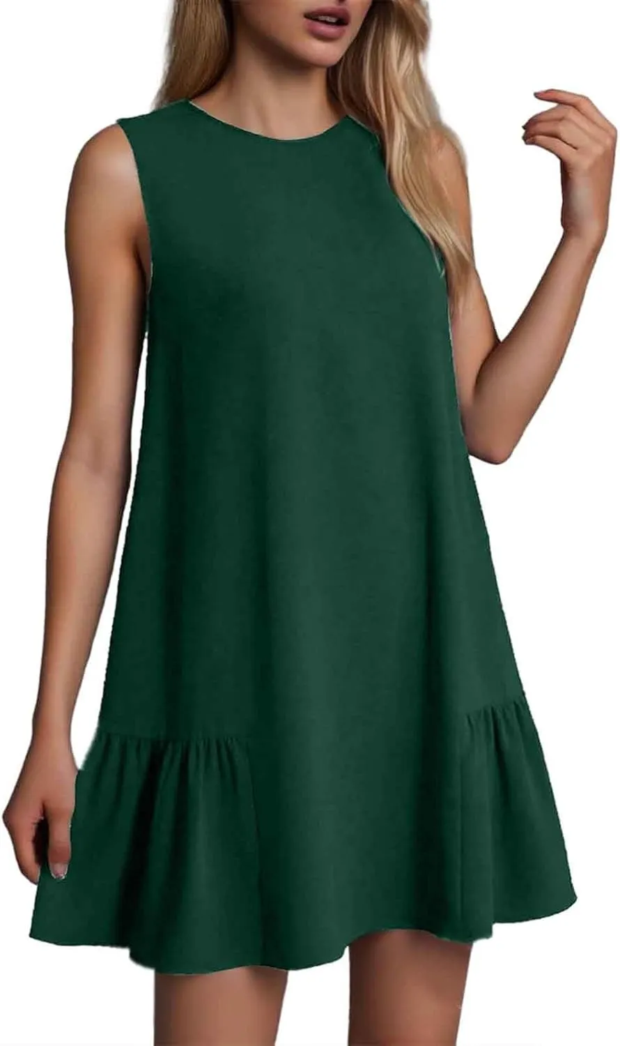 Women Summer Tank Dresses Round Neck Sleeveless T Shirt Dress A-Line Ruffle Hem Mini Dress Beach Vacation Sundresses
