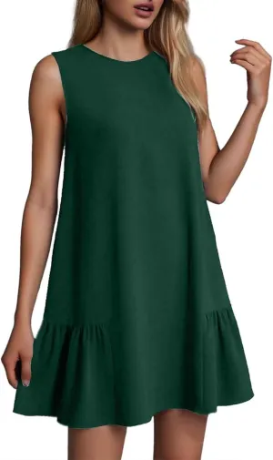 Women Summer Tank Dresses Round Neck Sleeveless T Shirt Dress A-Line Ruffle Hem Mini Dress Beach Vacation Sundresses