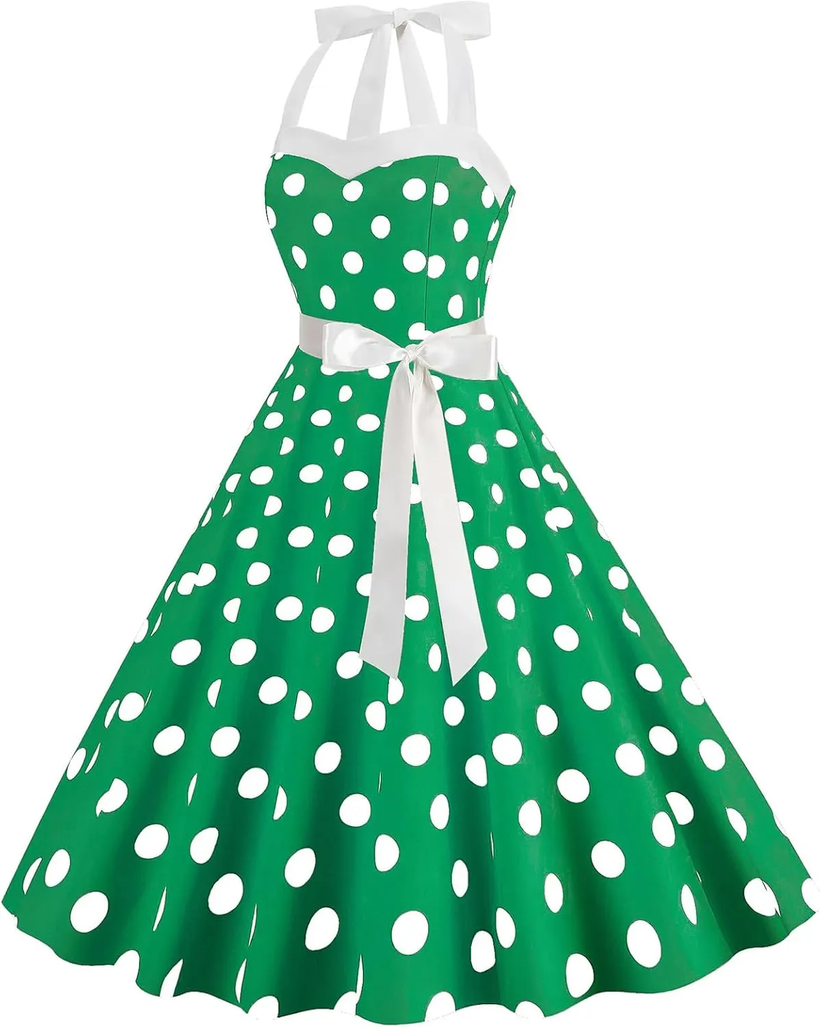 Women's 1950s Polka Dot Swing Dress Halter Neck Vintage Rockabilly A-Line Cocktail Party Dresses with Bow