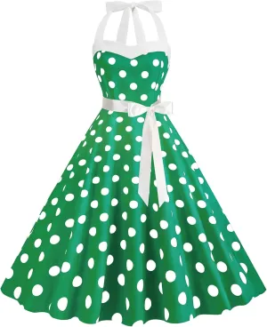 Women's 1950s Polka Dot Swing Dress Halter Neck Vintage Rockabilly A-Line Cocktail Party Dresses with Bow