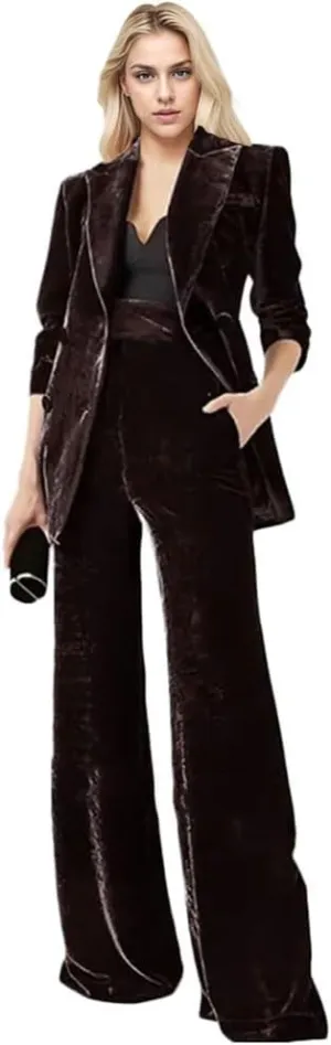 Women's 2 Piece Velvet Suit Office Work Suit Notch Lapel Double Breasted Blazer Pants Business Suit Set