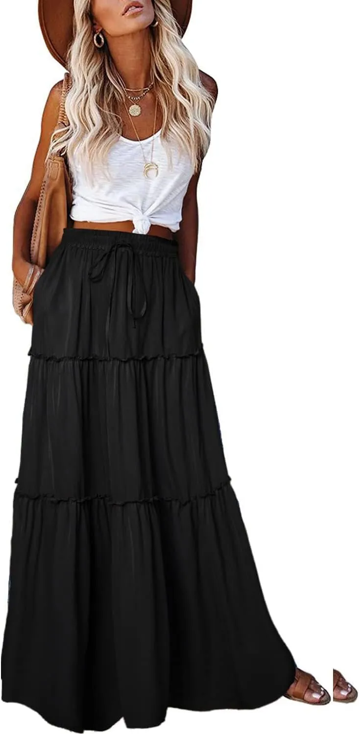 Women's 2024 Summer Skirt High Waist Flowy A Line Boho Skirt Maxi Skirt with Pockets
