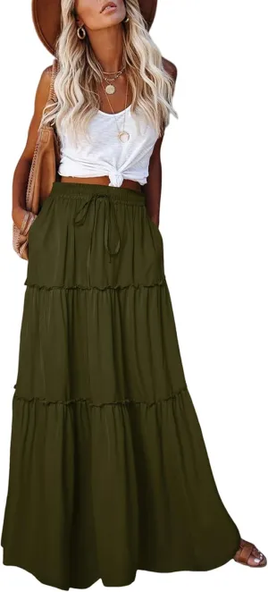 Women's 2024 Summer Skirt High Waist Flowy A Line Boho Skirt Maxi Skirt with Pockets