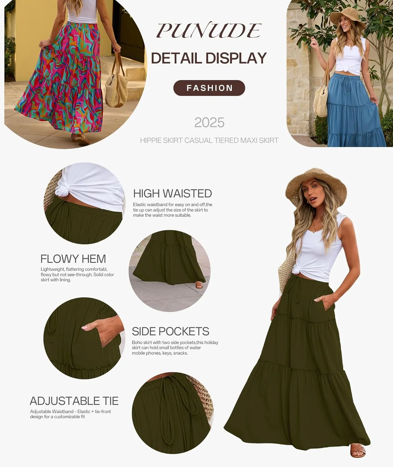 Women's 2024 Summer Skirt High Waist Flowy A Line Boho Skirt Maxi Skirt with Pockets