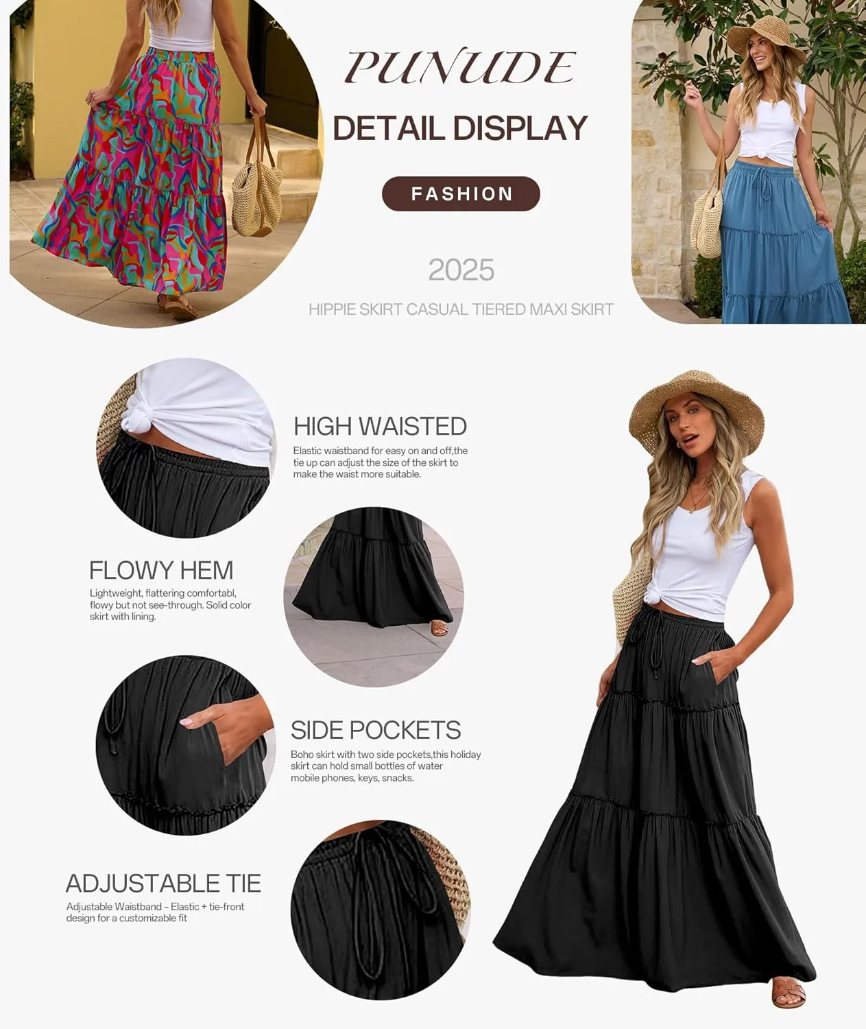 Women's 2024 Summer Skirt High Waist Flowy A Line Boho Skirt Maxi Skirt with Pockets