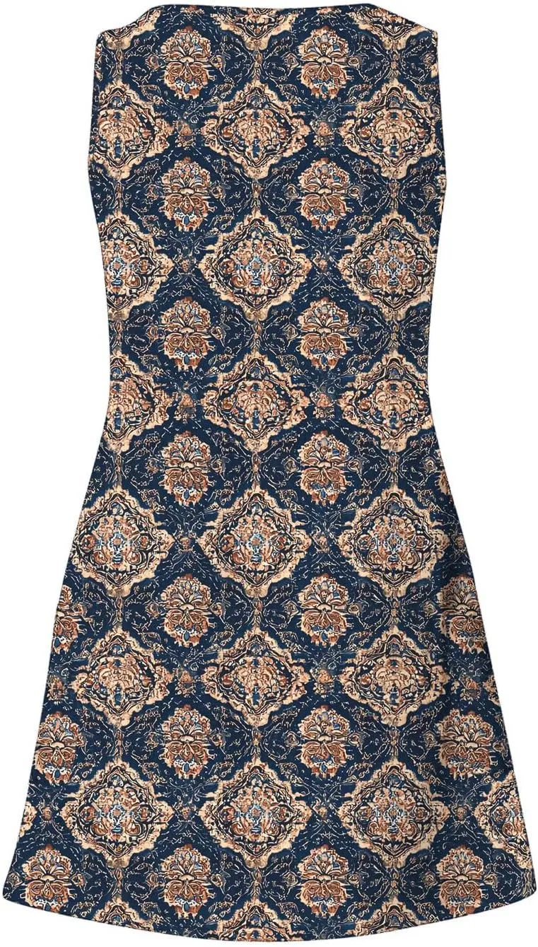 Womens 2025 Summer Sleeveless Sundress Loose Fit Casual Vintage Floral Print Boho Mini Dress V Neck Beach Tank Dress