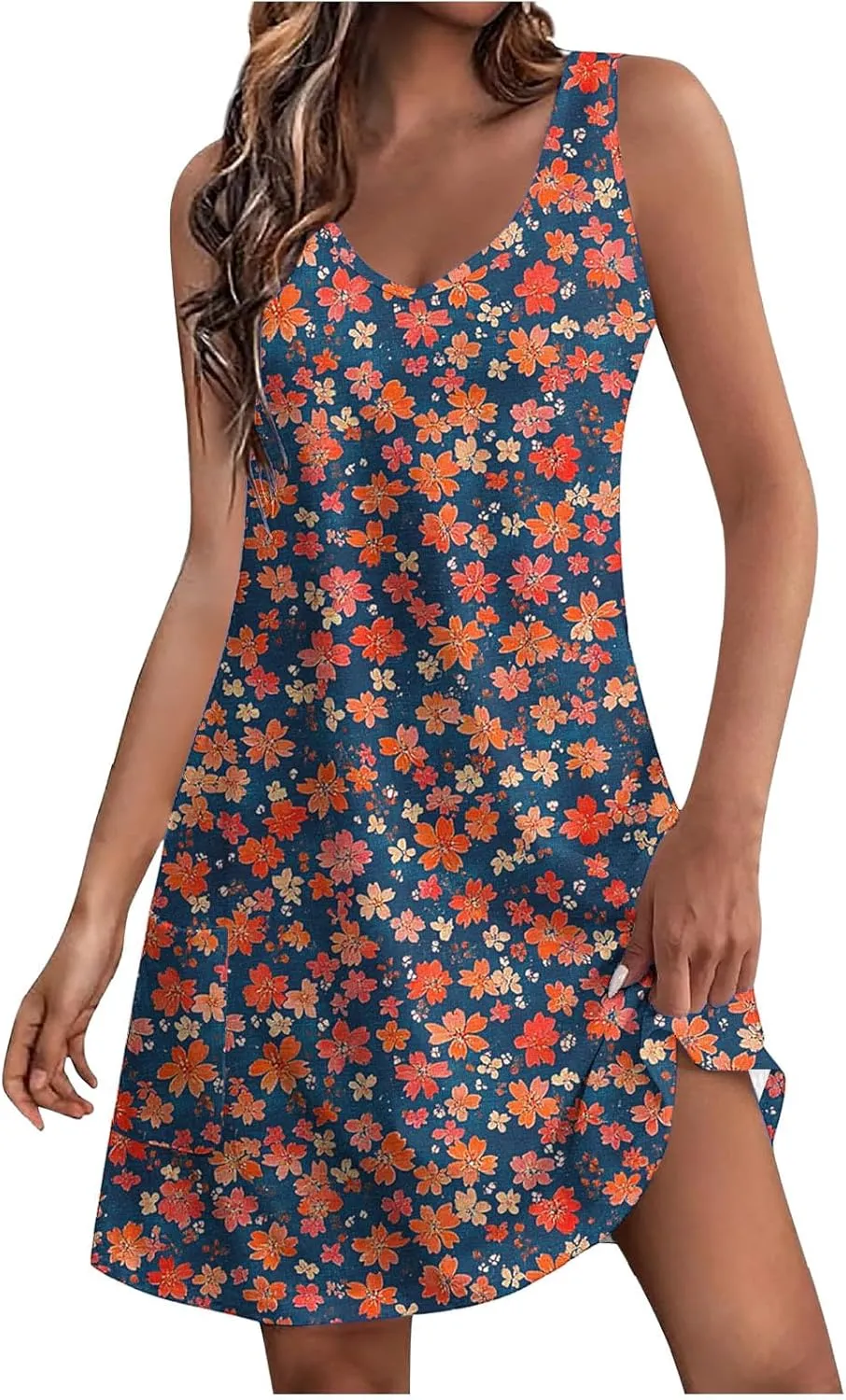 Womens 2025 Summer Sleeveless Sundress Loose Fit Casual Vintage Floral Print Boho Mini Dress V Neck Beach Tank Dress
